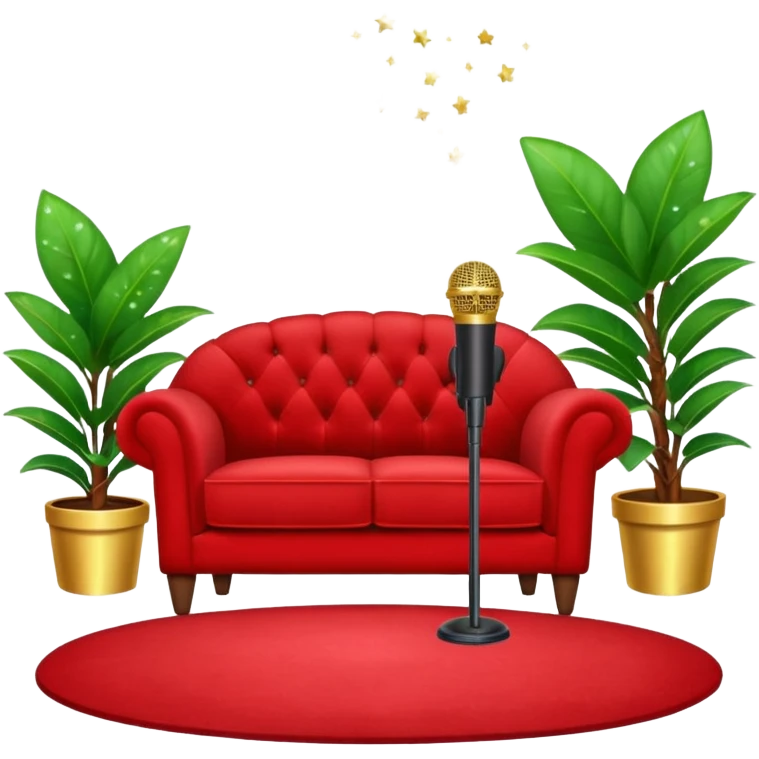 red velvet loveseat with a mic in front, houseplant in back, and sparkles emoji