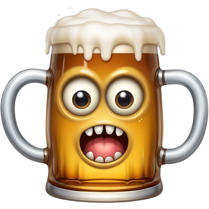 A wobbly beer tankard with eyes and teeth like a mimic monster, overflowing with beer emoji