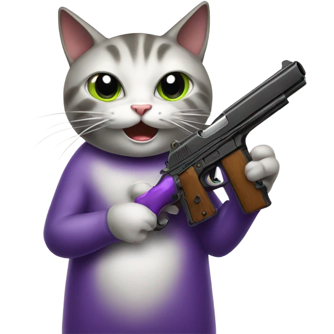 Cat eating a eggplant holding a gun emoji