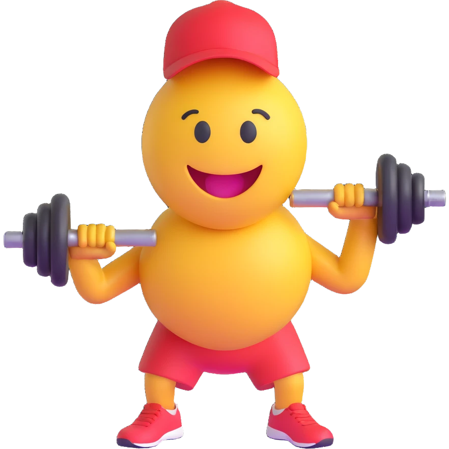 3D smiley emoji, round shape, with dumbbell, sporty face emoji