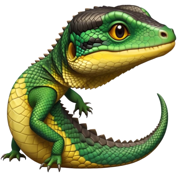 cinematic-realistic-cute-monitor-lizard-portrait-emoji,-head-tilted-playfully-and-inquisitively,-featuring-a-compact,-agile-body-with-finely-detailed,-glossy-scales-in-earthy-black and yellow-hues-and-a-distinct,-alert-face-with-bright,-curious-eyes, black , yellow spotted and green band  scales and a slender neck emoji
