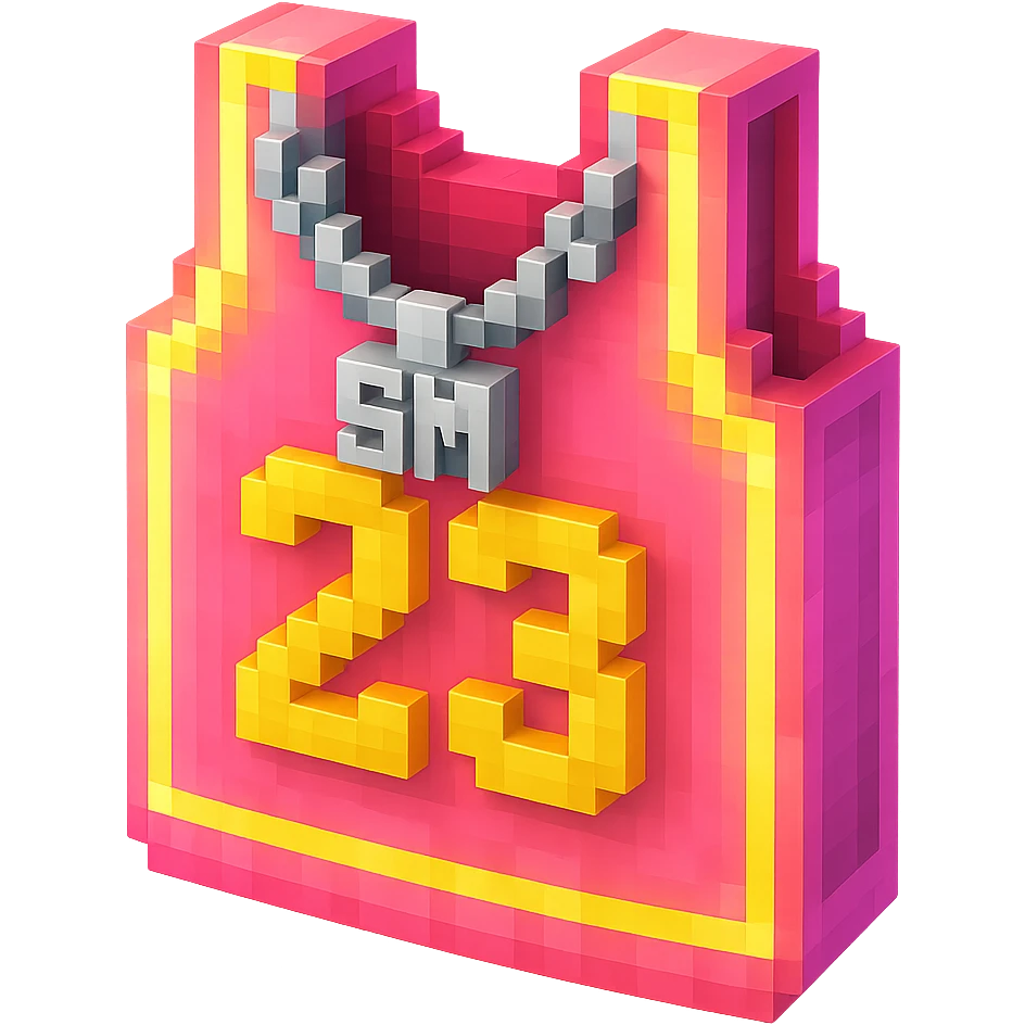 светящейся розовая баскетбольная майка с надписью "23" и серебряная цепь с надписью "SM", no background emoji