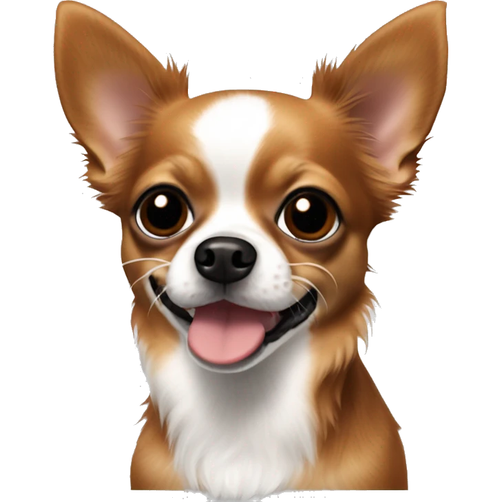 brownish red long hair chihuahua with a black blob around nose and black nose and white patches emoji