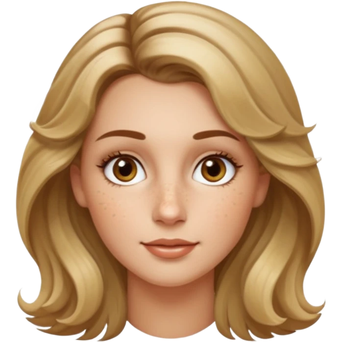 creative women with long dark Blond with highlights semi curly hair white women, oval shape face hazel eyes long lashes freckles on the nose high cheek bones emoji