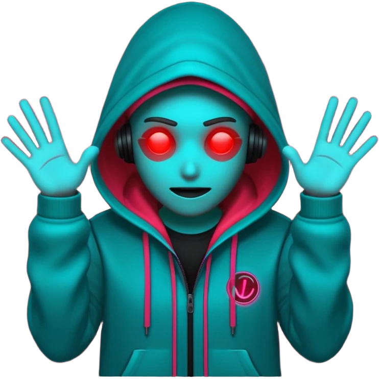 Neon cyberpunk hooded hacker emoji using the exact original palette: crimson red glow, cyan/teal highlights, black shadows. Character shakes head “no” and shows stop hand. Text “NO TO SCAMS” in red neon. Smooth looping animated sticker, transparent background, Discord emoji style. No new colors. emoji