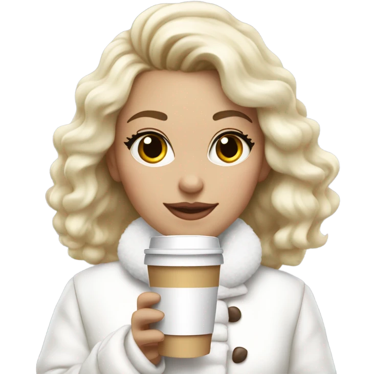 blonde girl wearing white fluffy jacket and a coffee to go in hand all dress white and a white bow on hair emoji