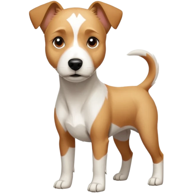 a full body facing front on of a buff white parson russell terrier looking dog the size of a kelpie with light brown long ears resting on its face and a light brown patch above one eye and a large snout. the rest of the dog is completely white.  emoji