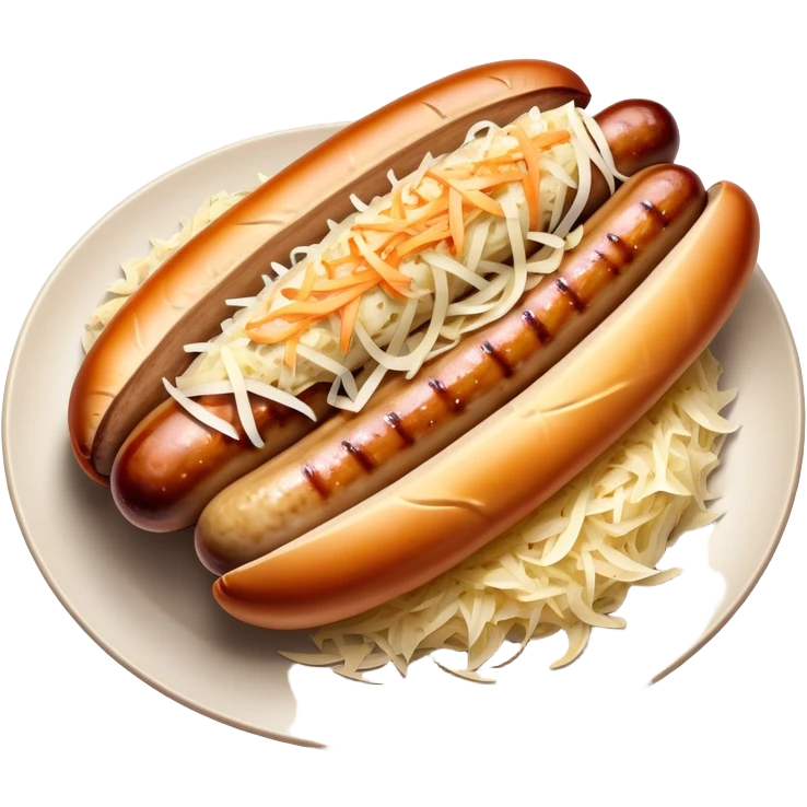 Bratwurst Cinematic Realistic Bratwurst Dish Emoji, depicted as a grilled bratwurst topped with a generous serving of shredded sauerkraut, rendered with rich textures and dynamic, appetizing lighting. emoji