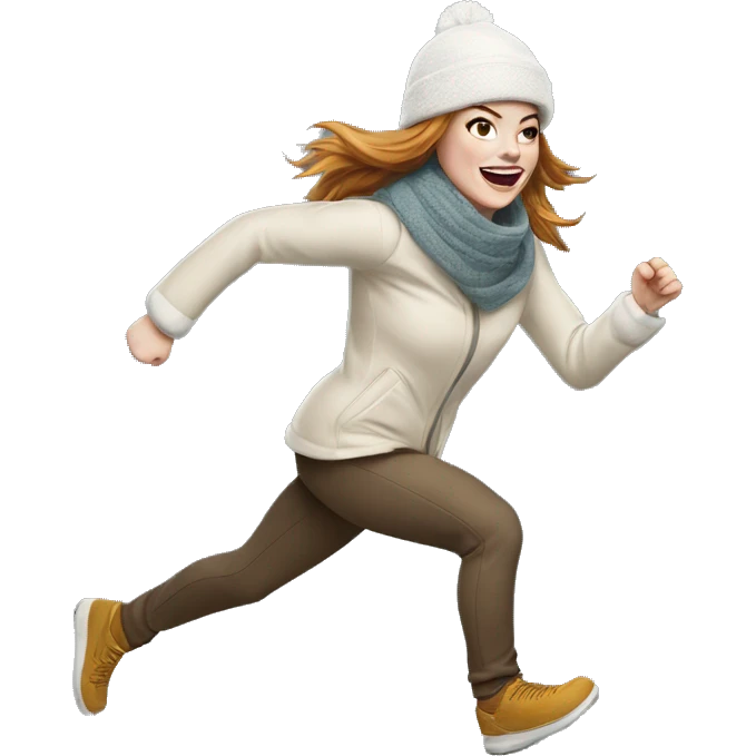 Emma Stone running, with a large stride and arms outstretched, with long golden brown hair, wearing an snow hat and scarf emoji