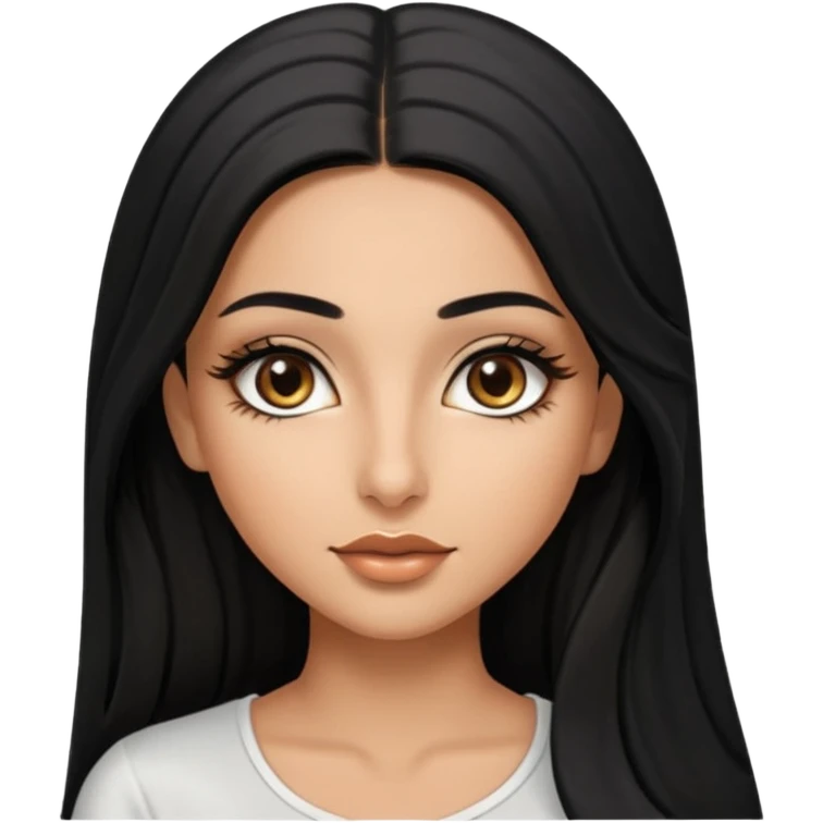 A arabic girl, who has long black styled silk hair, a bit of tan skin but not too tan. almond brown eyes that has black long lashes, small nose and full lips. and a bit of makeup like bronzer. and wearing a white tight top emoji