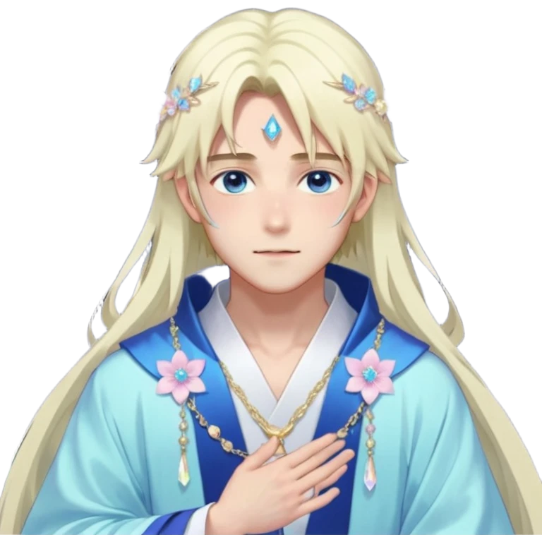 Beautiful gorgeous blushing blue-eyed youthful handsome anime guy with beautiful iridescent-pastel-whitish-special-medium-long-hair, fashion aesthetic, ethereal, fairycore, pastelcore, flower petals, crystals, layered robes, accessories, jewelries, gold, colorful, shiny, trending style, outside emoji