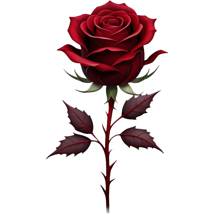 A single Gothic rose, its deep red petals unfolding in shades of scarlet and burgundy, stands alone against a dark, misty backdrop. A flowing black silk ribbon wraps around its thorny stem, adding an air of mystery and elegance. emoji