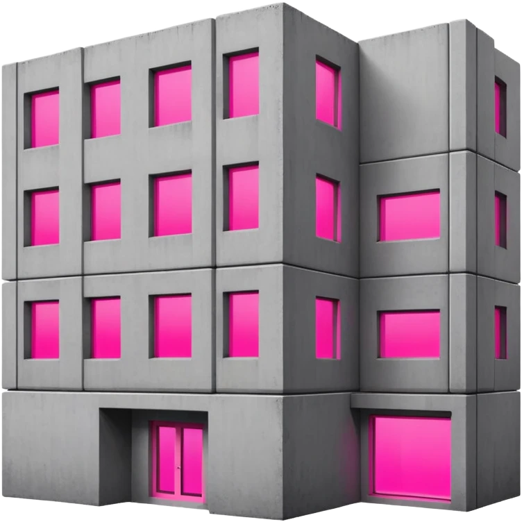 Brutalist gray concrete block building with one neon pink window and several regular windows emoji
