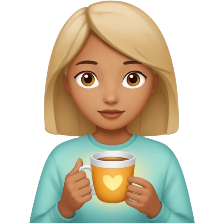 The girl holds a cup in her hands. There is a glow around the girl. emoji