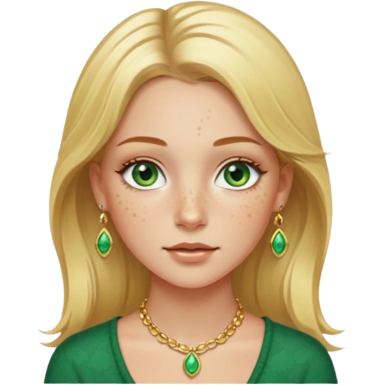 White girl with freckles blonde hair green eyes gold jelwery  emoji