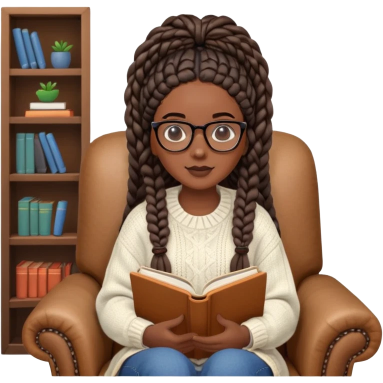  A dark-skinned Black woman with long box braids, wearing glasses, holding an open book, sitting in a cozy chair, wearing a sweater. A dark-skinned Black woman with long box braids, wearing glasses, holding an open book, sitting in a cozy chair, wearing a sweater. emoji