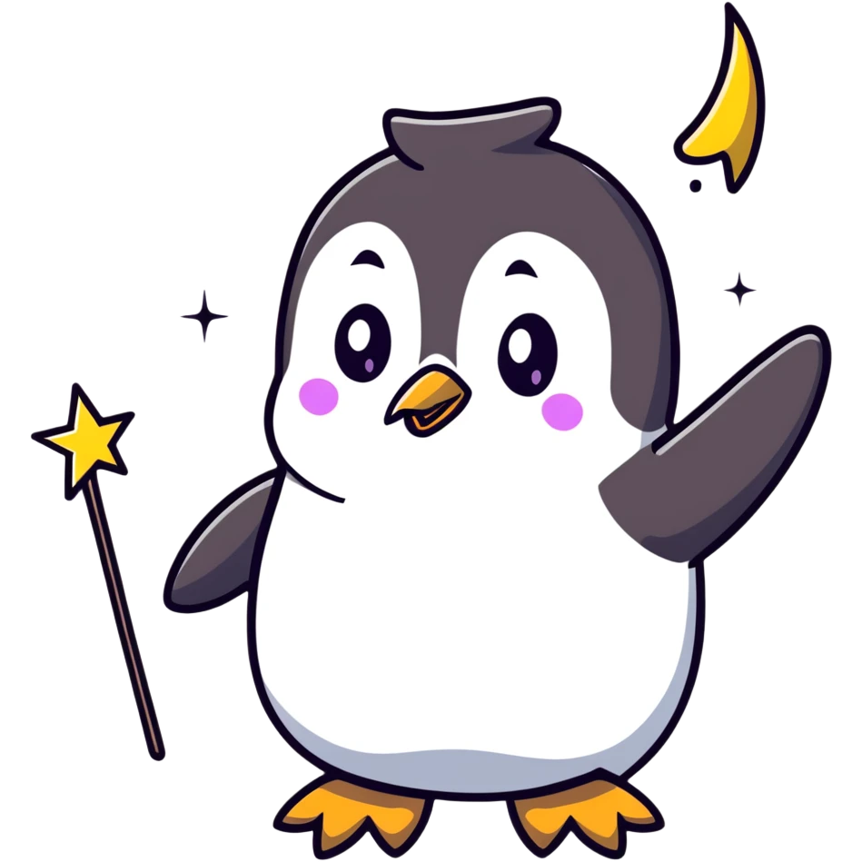 cute penguin casting a magic spell with a starry wand emoji