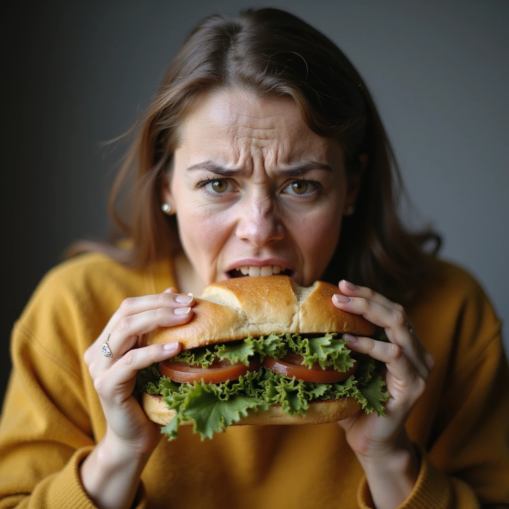hyperrealistic image of a woman with a nervous and impatient expression trying to eat a huge sandwich, concept of uncontrollable and nervous hunger, white background, variation 2 emoji