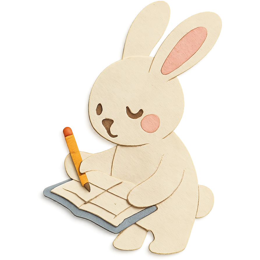 highly detailed, high quality paper craft style illustration of a cream-colored bunny standing and writing in a planner, intricate textures, soft lighting, delicate cut-paper details emoji