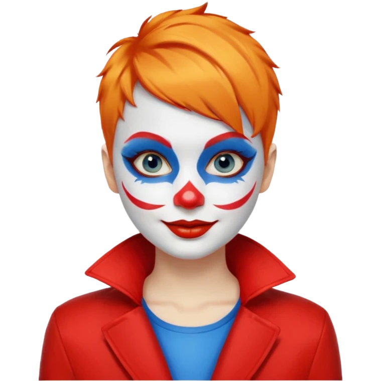 Orange short hair.

White face paint with blue eye makeup and a red nose.

Bright smile with red lips.

Wearing a red jacket over a yellow shirt. emoji