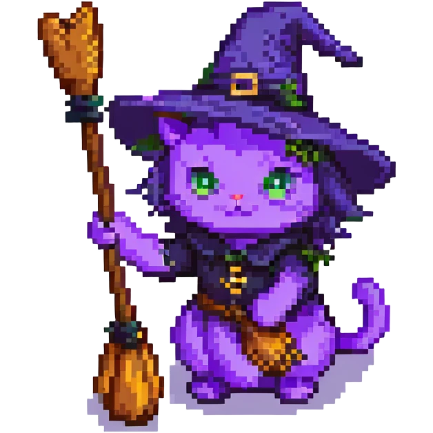 purple witch cat with a broom emoji