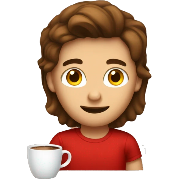 barista boy in a red t-shirt with long brown hair, with a cup of coffee in a hand emoji