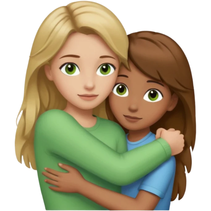 Maman cheveux marrons yeux marrons et fille cheveux blond yeux verts qui se font un câlin  emoji