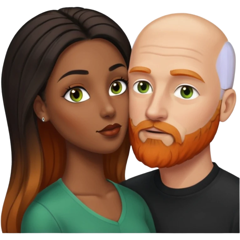 ebony black women with brown eyes and long balayage brown/black hair.  She is kissing bald white man. The White man is 47yrs old, pale, green eyes has orange facial hair and long beard  emoji