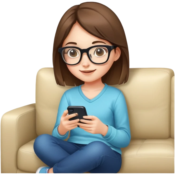 A cute young girl with glasses sitting on a couch, happily playing a mobile phone game emoji