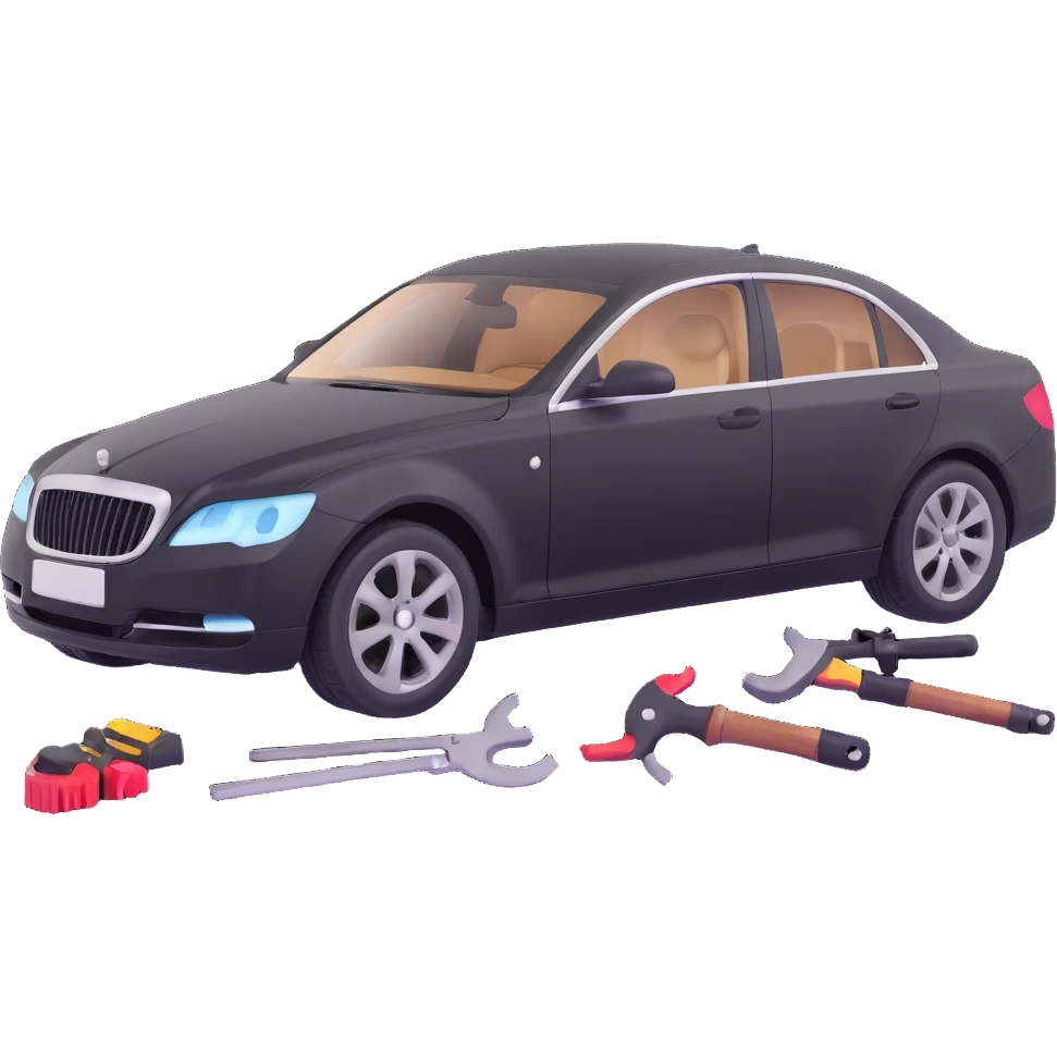 black luxury car with a clearly visible dent on the bodywork, specific PDR tools such as rods, levers, and small hammers positioned to show active repair, elegant and modern emoji