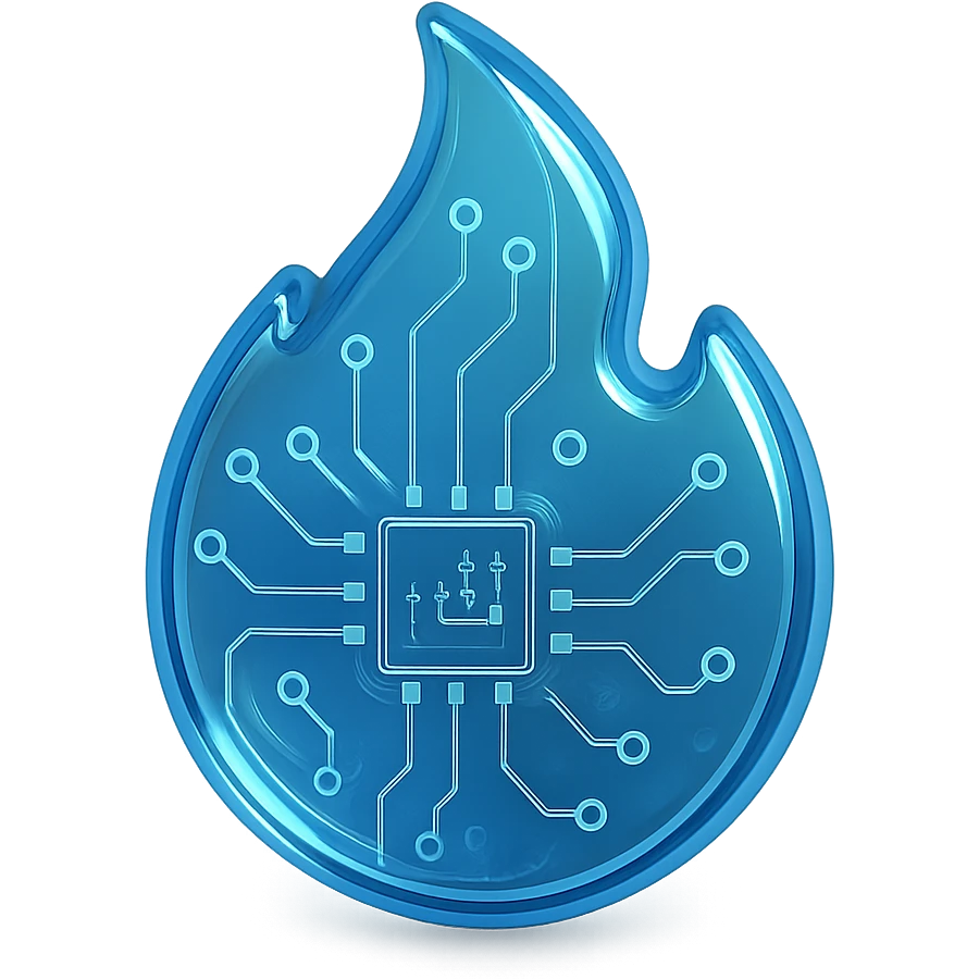 blue flame with metallic circuit patterns, glossy finish emoji