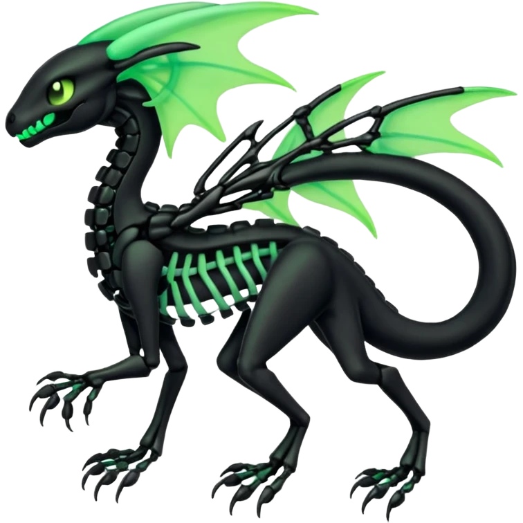 Obsidian-black and neon-glowing-green skeletal Meloetta-Salandit-Gorebyss-Salazzle-Pokémon-Fakémon-creature-fusion-hybrid emoji