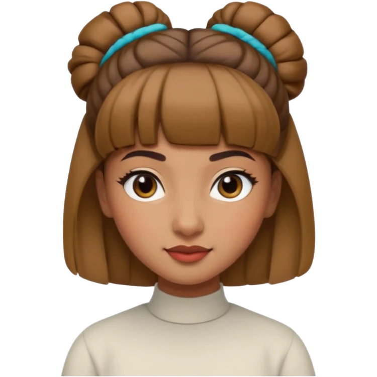 In Apple Memoji format, a girl with bangs and her hair in a bun. The girl has light brown skin and arab ethnic features emoji