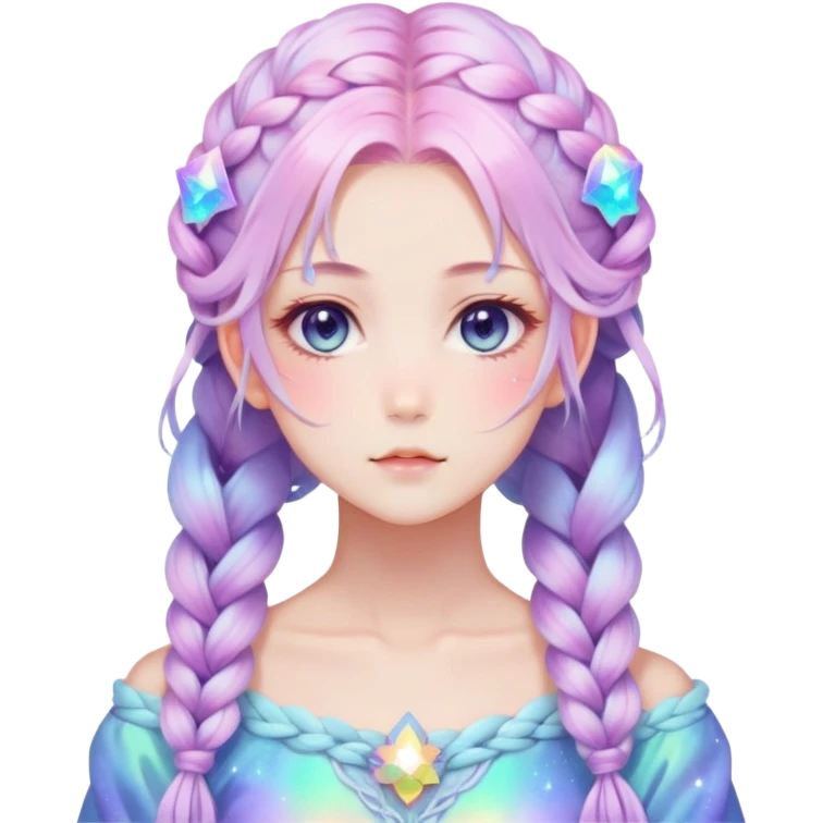 Beautiful gorgeous anime lady with beautiful iridescent-nebula-braided-hair, fashion aesthetic, ethereal, fairycore, pastelcore emoji