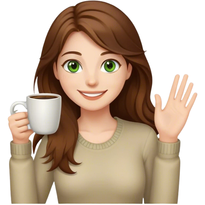 Long, Brown haired girl with green eyes, smiling, waving with one hand, coffee mug in the other emoji