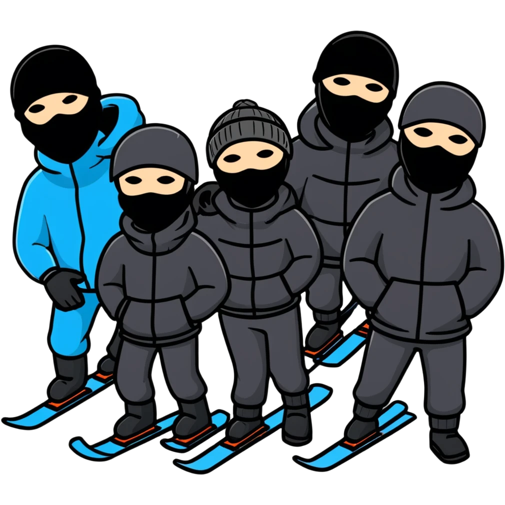 group of men posing together, some wearing black ski masks emoji