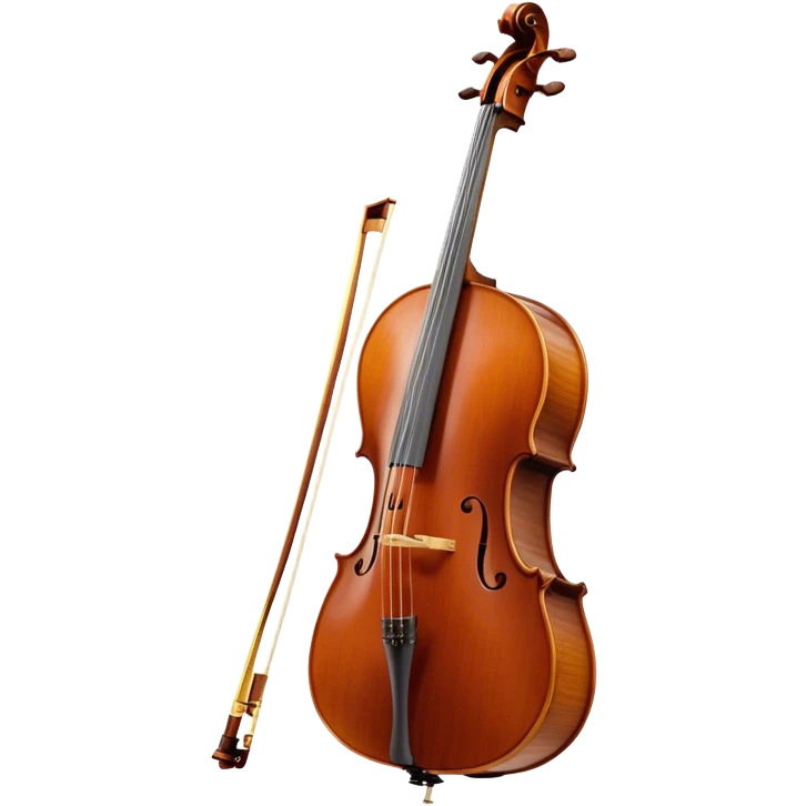 Create an elegant and refined emoji representing the Cremona cello with a Hans Klein HKCB bow. The design should feature the curved wooden body of the cello with a rich, glossy finish, capturing its classical shape and intricate details. The bow should be displayed with fine craftsmanship, highlighting the hair and the smooth, polished wooden stick. Include subtle musical notes floating around the instrument to emphasize its rich, melodic sound. Use deep wood tones like chestnut brown, gold accents for the fittings, and soft lighting effects to give the instrument a timeless, professional feel. The background should be transparent. emoji