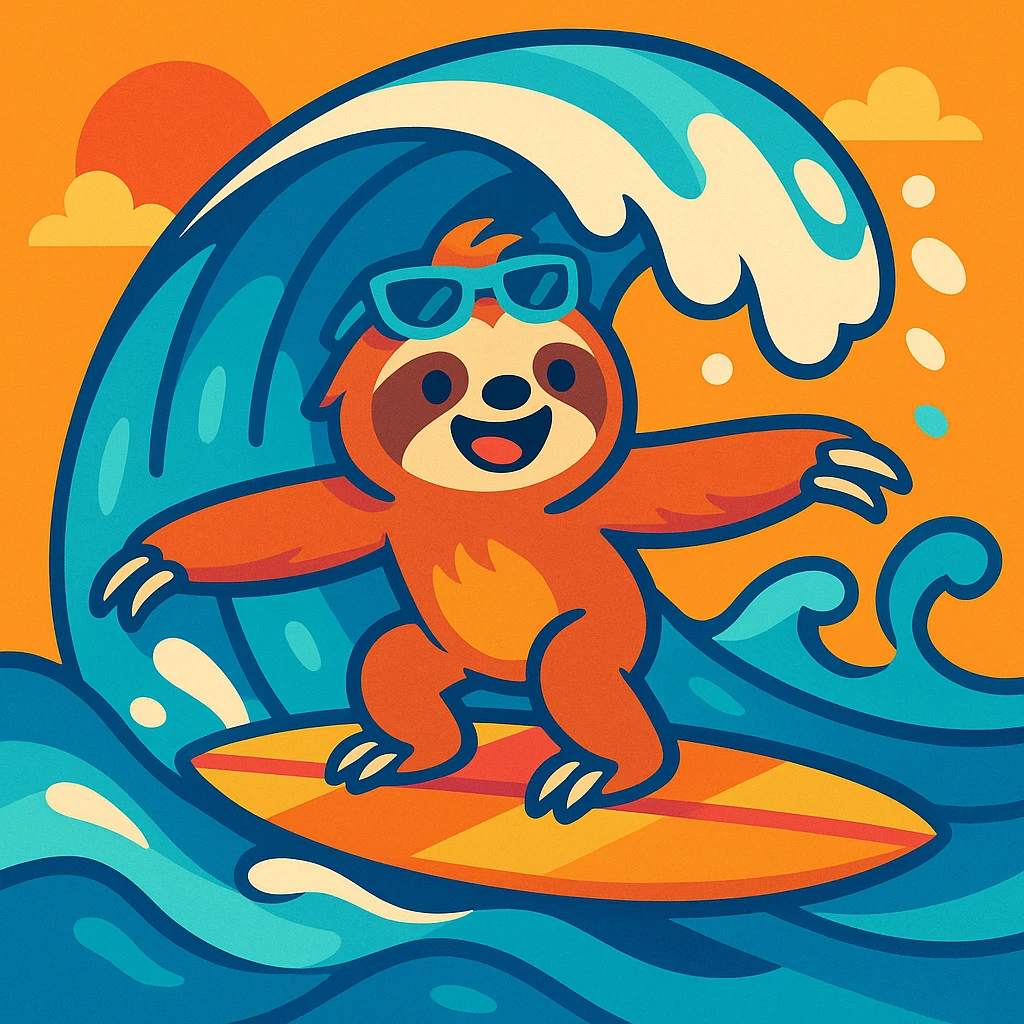 a sloth surfing, vibrant and playful style emoji