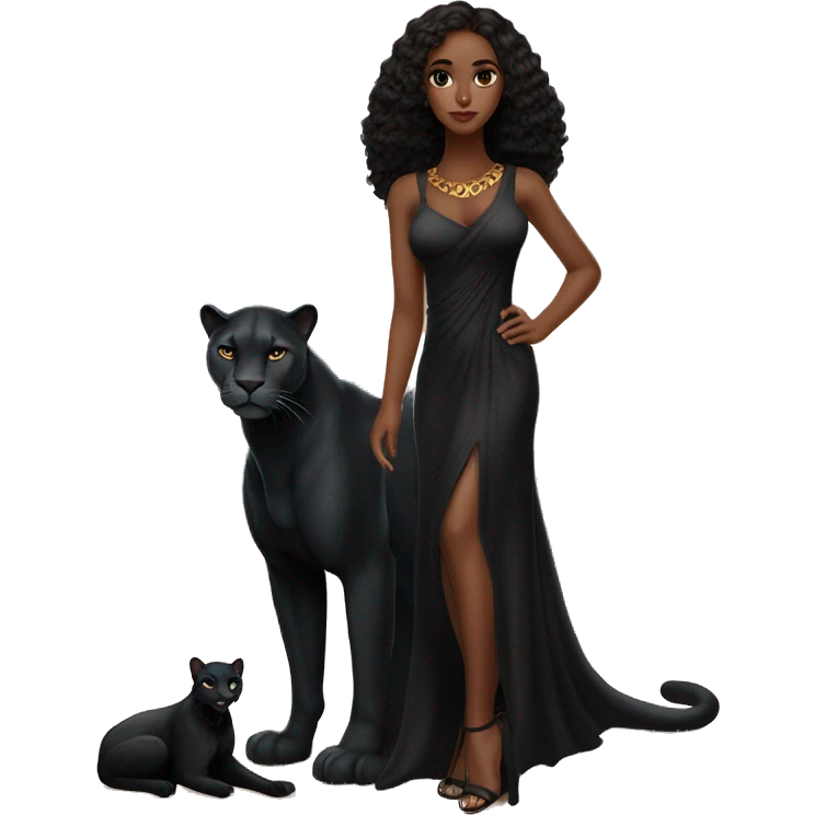 A beautiful girl with dark brown hair below her shoulders, big black eyes and long eyelashes, dressed in a black tight long dress and next to her, near her feet, a statuesque black panther with amber eyes and serious in the emoji
