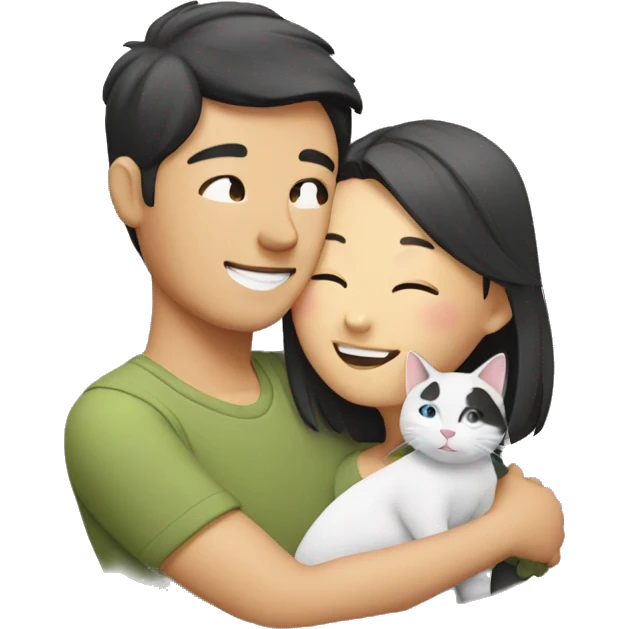 Asian Couple hugging each other with a cat emoji