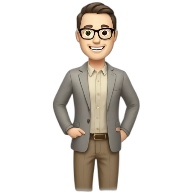 Joyful Full height Pale skinned Fit Man With dark brown hair in gray jacket, beige office shirt, Brown pants and vintage glasses. His thrumbs up emoji