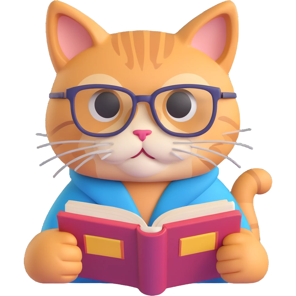 A cat with glasses reading a book, vibrant colors, detailed, playful emoji