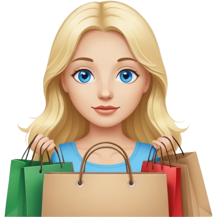 Cinematic realistic blonde with long hair, blue eyes goes shopping in her hands emoji