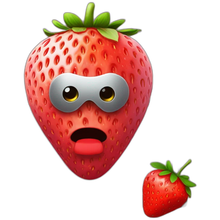 a strawberry with the body of a man with eyes a mouth a nose and everything else the strawberry is in front of a computer with a mask that hides his eyes so that we don't recognize his face emoji