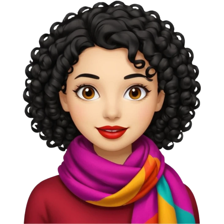 emoji of a young fashionable woman, curly black hair, wearing a colorful scarf and bold lipstick, confident expression emoji