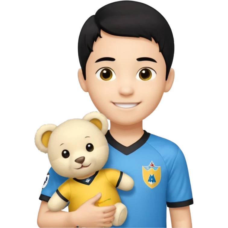 Un enfant qui a les cheveux noir sur le coter qui sourit il a un maillot de l’om et qui a un petit doudou jaune sur son epaule emoji