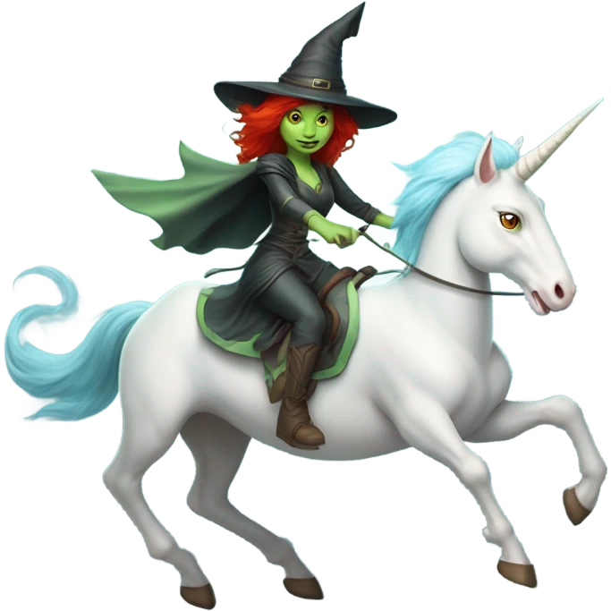 [politically incorrect
	{ female, alien, witch, color: light green, hair:red, eyes:cat} ]
	on a 
	[{ unicorn: white, legged:four, mane: light blue }] emoji