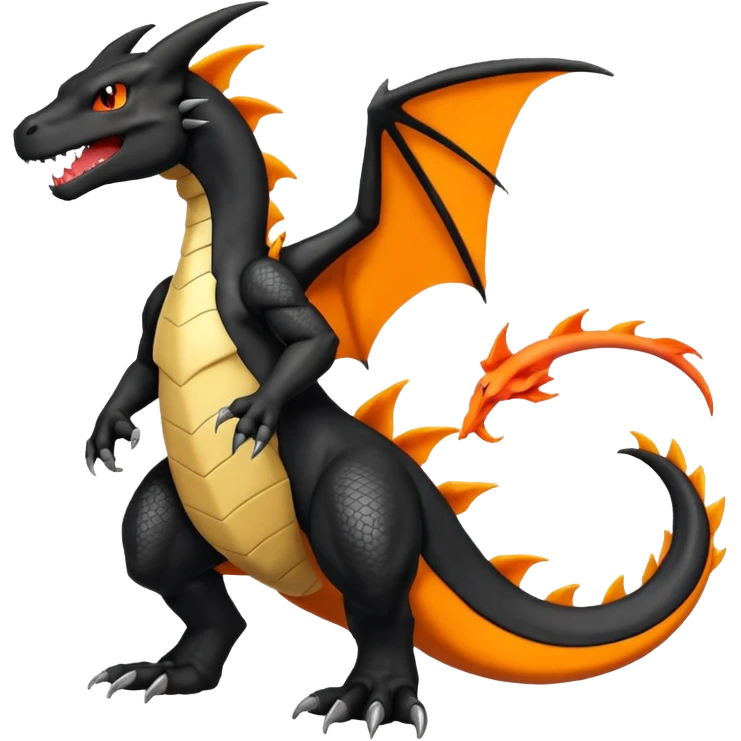 Shiny Black Koraidon-Charizard-Salandit-Fakémon-hybrid-creature (full body) with orange belly emoji