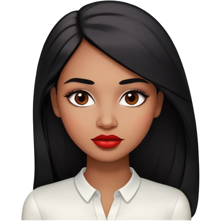 Young woman with medium to dark brown skin, oval face, high cheekbones, dark brown eyes, thick eyebrows, red lipstick, long straight black hair, wearing a white blouse emoji