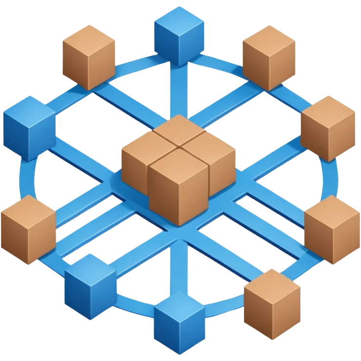 network in a circle form with blue color and realistic brown boxes at intersection points emoji
